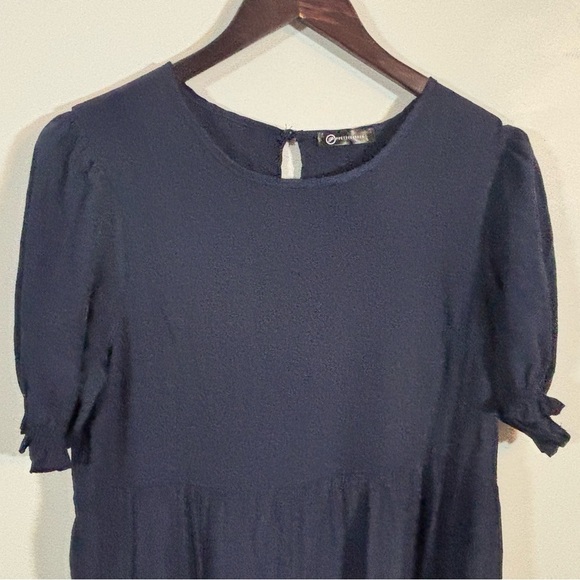 PRETTYGARDEN Navy Puff Sleeve Tiered Midi Dress Size Large Textured Stretchy - Picture 1 of 8